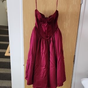 House of CB Burgundy Satin Midi Dress Strapless Measures Small